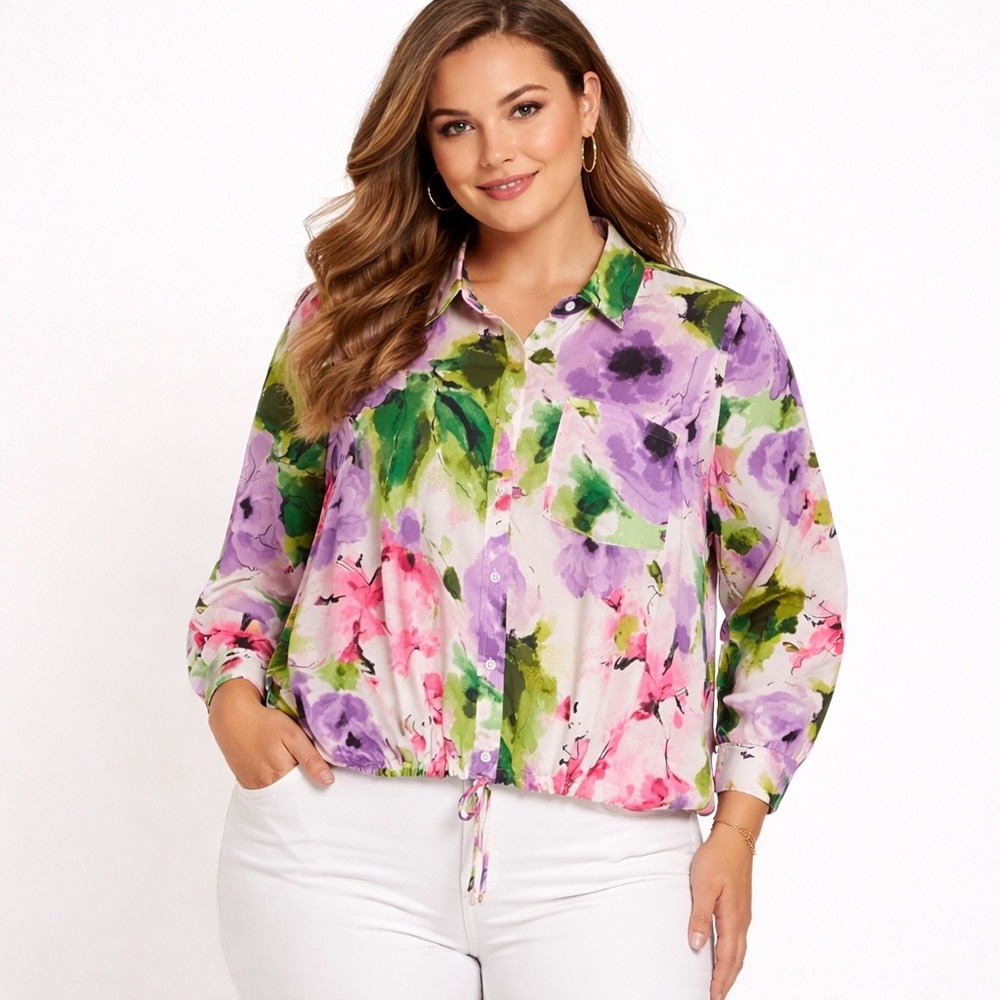 RM Rebecca Minkoff Womens Top XL Colorful Floral Boxy Tie Waist Classic Cottage